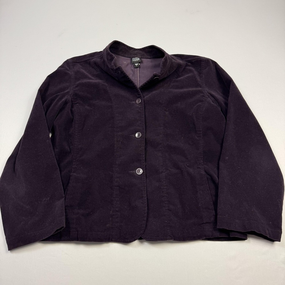 Eileen Fisher Jacket‎ Womens Large Purple Velvet Button Front Mandarin Collar